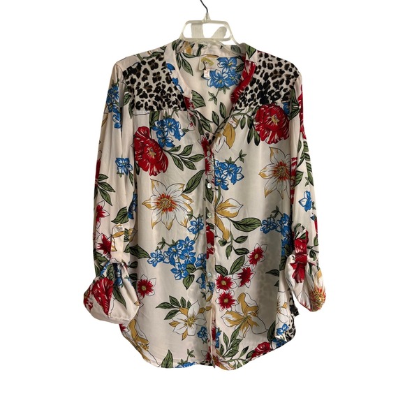 fig and flower Tops - Fig‎ and Flower Floral Leopard Button Up Boho Peasant NWT Blouse XL